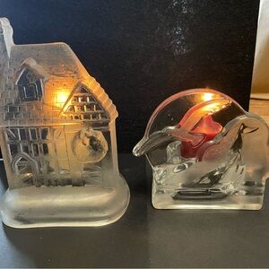 Set of 2 Glass Candle Holders with House and Seagull/Ocean Design